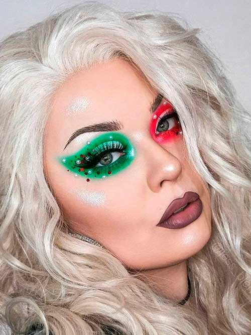 Red and Green Christmas Makeup look Red and Green Christmas Makeup look with Rhinestones and Dark Nude Lips