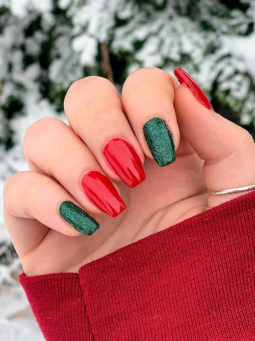 Red and Green Simple Christmas Nails with Glitter on Two Dark Green Accent Nails
