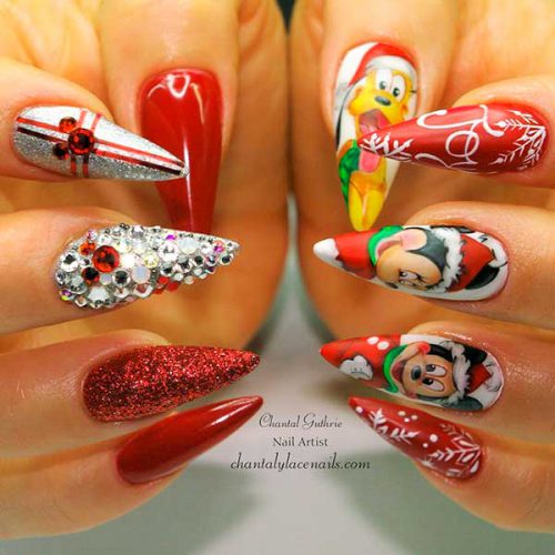 Red and Silver Disney Christmas Nails Long Stiletto Red and Silver Disney Christmas Nails with Rhinestones and Glitter
