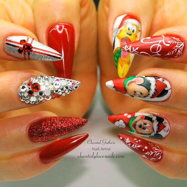 Long Stiletto Red and Silver Disney Christmas Nails with Rhinestones and Glitter
