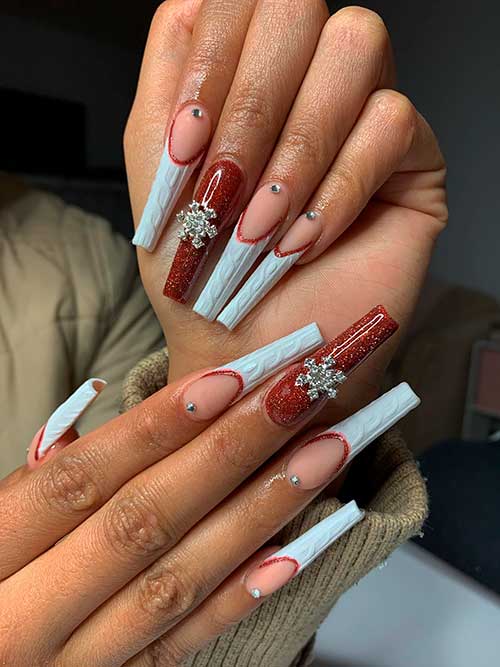 Long Coffin Red and White Christmas Nails Feature Sweater Nail Art, Rhinestones, and A Big Snowflake on Red Accent Nail