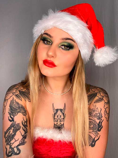 Santa Baby Xmas Shimmer Green Smokey Eye with Red Lips