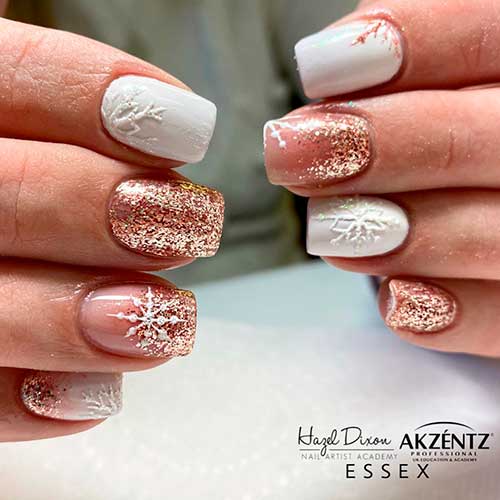 Short White Snowflake Nails with Gold Glitter Short Square White Snowflake Nails with Gold Glitter