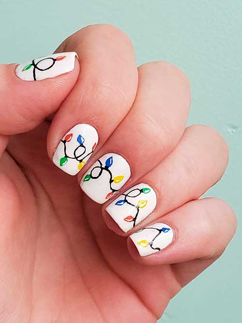 Short Simple Christmas Lights Nail Art Design with White Base Color