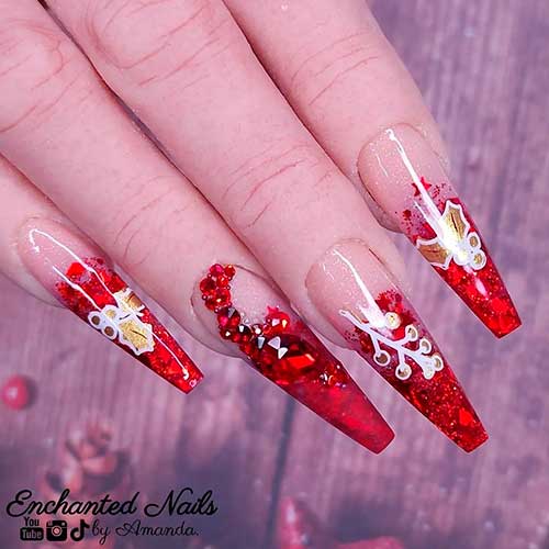 Long Coffin Sparkling Red Christmas Acrylic Nails with Red Gems and Gold Stamped Nail Art