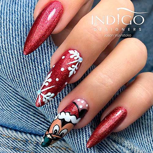 Sparkling Red Christmas Nails with Mickey Mouse