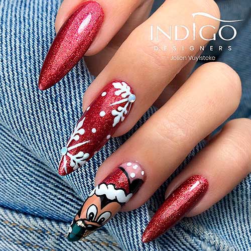 Sparkling Red Christmas Nails with Mickey Mouse Sparkling Red Christmas Nails with Mickey Mouse