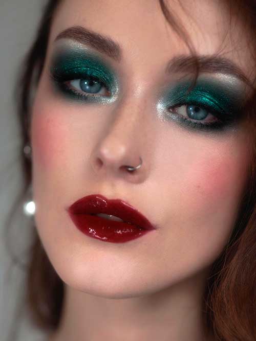 Sparkly Teal Fall Eyeshadow Look with Dark Red Lips