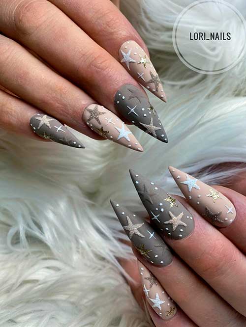 Nude Star Nails with Glitter Long Stiletto Matte Different Nude Shade Star Nails with Glitter for Winter 2022/2023