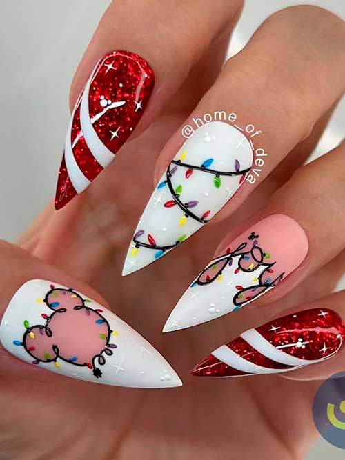 Stiletto Red and White Christmas Nails That Feature Christmas Lights, Candy Cane, and Disney Christmas Nail Art on Accent Nails
