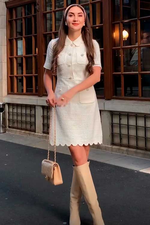 Stylish White Midi Dress for work Stylish Midi White Work Dress with High Boots
