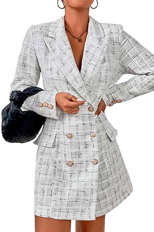 SweatyRocks - Plaid Solid White Blazer Dress SweatyRocks - Women's Casual Puff Sleeve Lapel Button Front Plaid Solid White Blazer Dress for Work