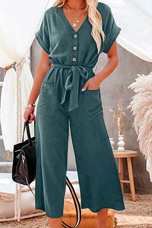 Acelitt Women Short Sleeve V Neck Button Belted Wide Leg Jumpsuits