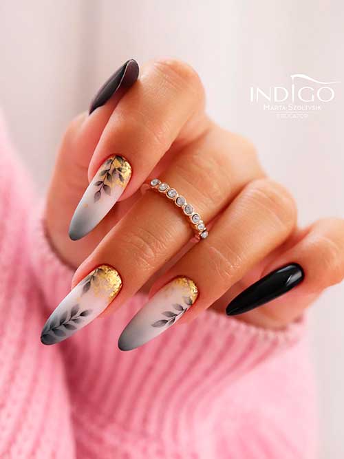 White Black Gradient Fall Nails with Leaf Nail Art Long Almond Shaped White Black Gradient Fall Nails with Leaf Nail Art and Gold Glitter and Two Black Accent Nails