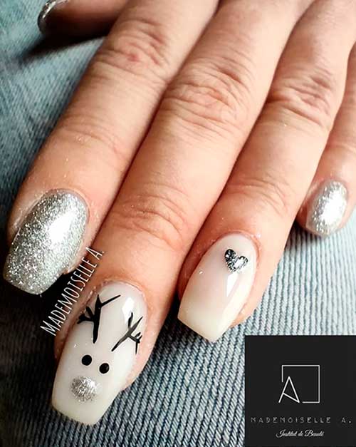 Medium Coffin White Christmas Nails with Silver Glitter and A Reindeer in An Accent Nail
