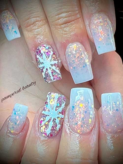 Square White Classy Christmas Acrylic Nails with Glitter and A Snowflake