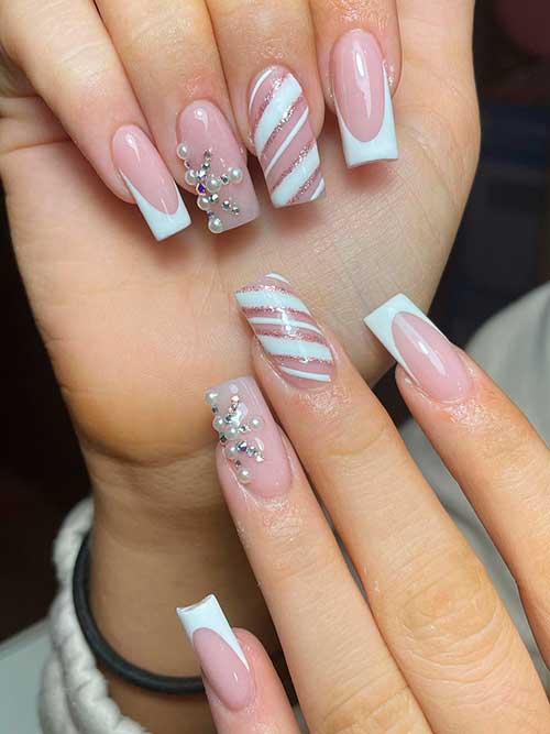 Long White French Christmas Acrylic Nails with Candy Cane and Rhinestones on Accent Nails