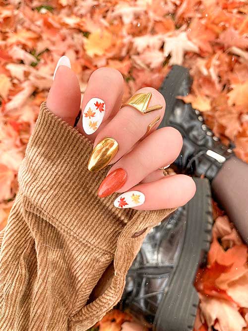 Short Almond Shaped White Thanksgiving Nails with Maple Leaves with Gold Chrome and Light Brown Accent Nails