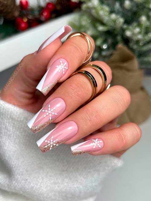 Long Square Shaped White and Gold Glitter V French Christmas Nails with Snowflakes