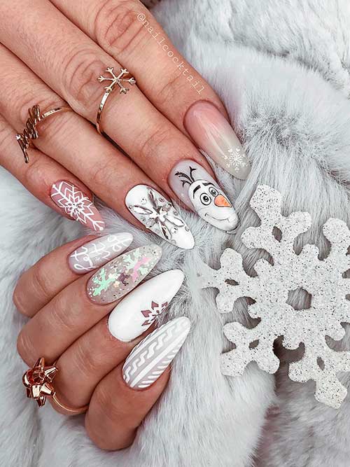 Long Almond Shaped White and Gray Olaf Disney Christmas Nails with Snowflakes, Plaid, and Glitter