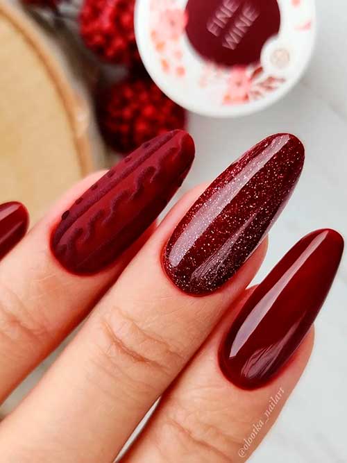 Wine Red Nails with Glitter and Sweater Accent Nails