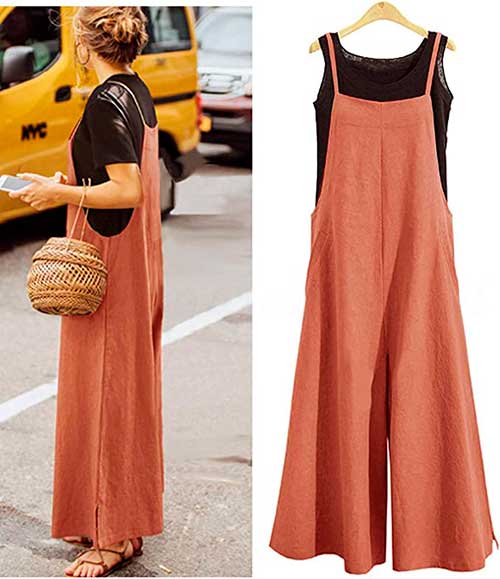 Rust Wide Leg Fall Jumpsuits YESNO Women Casual Loose Long Bib Pants Wide Leg Jumpsuits Baggy Cotton Rompers Overalls with Pockets PZZ