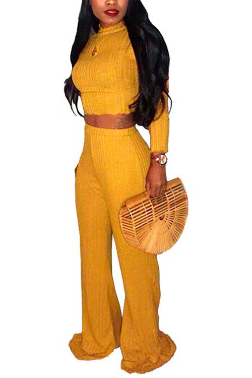 Yellow ECHOINE Women's 2 Piece Outfits Sweater Jumpsuits
