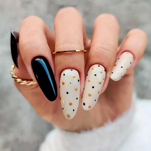 Long Black and White Nails with Black and Gold Polka Dots for Fall 2022