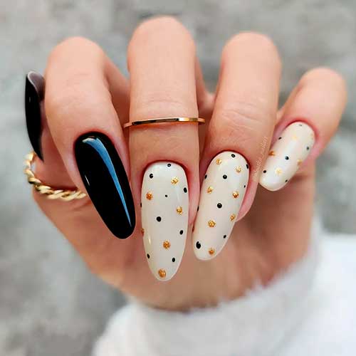 Black and White Nails with Polka Dots Long Black and White Nails with Black and Gold Polka Dots for Fall 2022