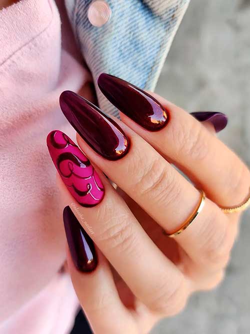 Deep Aubergine Fall Manicure Long Almond Shaped Glossy Deep Aubergine Fall Manicure with Abstract Nail Art on Pink Accent Nail