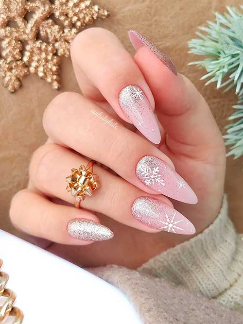 Long Almond Shaped Glittery Nude Pink Classy Winter Nails with Snowflakes