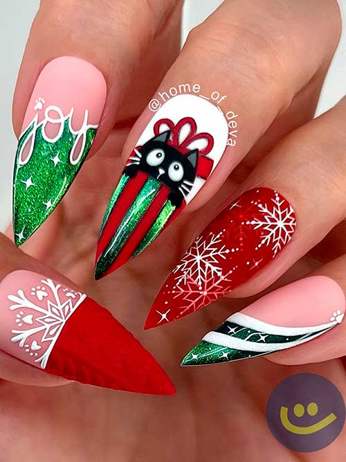 Stiletto Red and Green Christmas Nails Long Stiletto Red and Green Christmas Nails with Snowflakes and Present Accent Nails