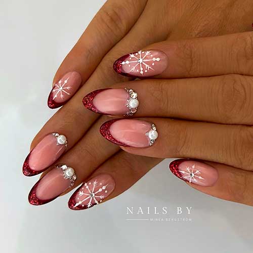 Almond Shaped Glitter Christmas Red French Tip Nails with Snowflakes with Rhinestones and Pearls