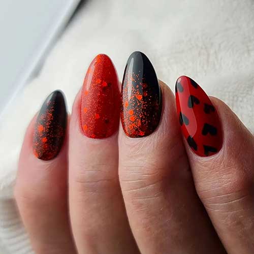 Medium Almond Shaped Black And Red Valentines Day Nails with Red Glitter