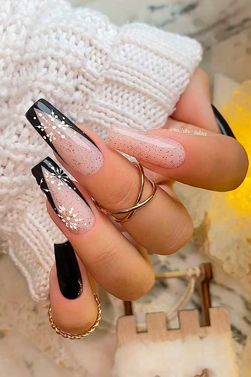 Long Coffin Black Winter Nails with Glitter Nude Base Color and Two French Accent Nails with Snowflakes