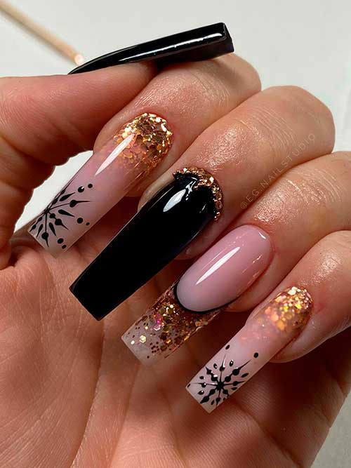 Long Square Black Nails with Gold Glitter, Rhinestones, and Black Snowflakes