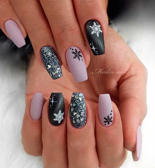 Medium Coffin Matte Black with Lilac Luster Nails Adorned with Snowflakes and Glitter