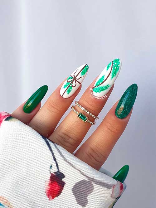 Long Almond Dark Green Christmas Nails with Christmas Tree on Two White Accent Nails