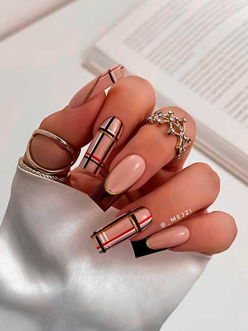 Long Square shaped Classy Plaid Nails with French Nail Art