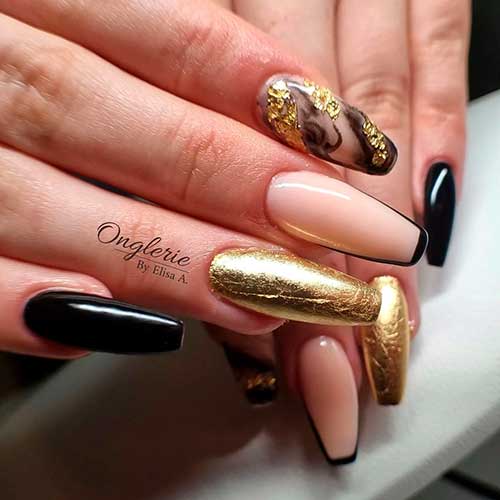Long Coffin Black and Gold Nails