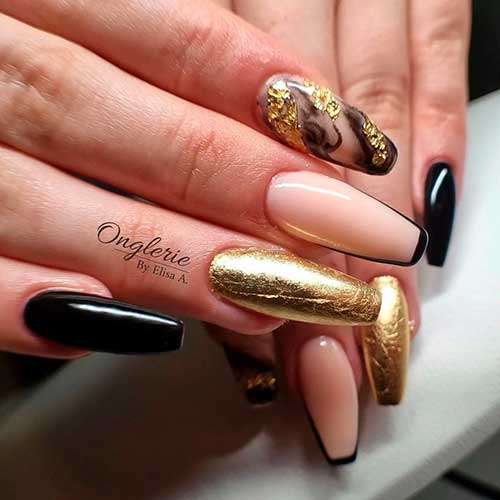 Coffin Black and Gold Nails Long Coffin Black and Gold Nails