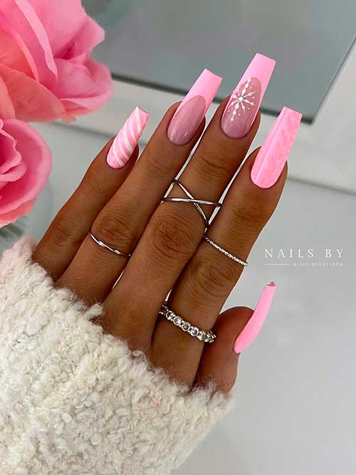 Coffin Pink Christmas Nails Long Coffin Pink Christmas Nails with Sweater Nail Art, Snowflakes, Candy Cane, and Two French Accent Nails