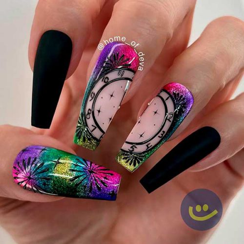 Long Coffin Colorful Countdown New Years Eve Nails with Two Matte Black Accent Nails
