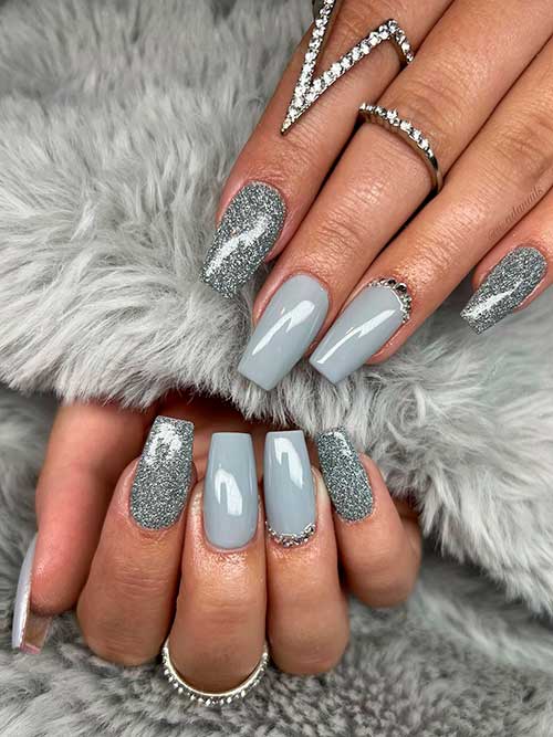 Cute Coffin grey nails with rhinestones, and two glitter grey nails