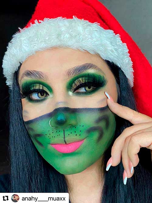 Cute half Grinch makeup look for Christmas 2022