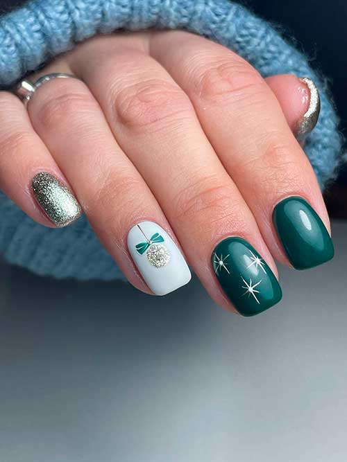 Medium Square Shaped Dark Green Nails with Gold Glitter and Christmas Bauble on an Accent Nail
