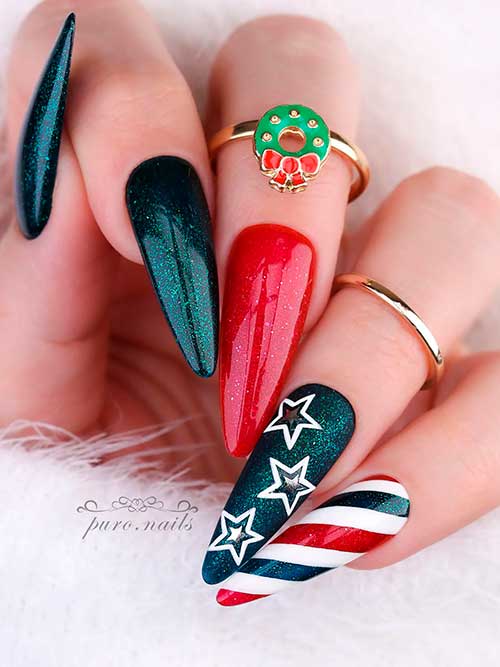 Long Almond Shaped Glitter Dark Green with Red Christmas Nails Adorned with Stars and Candy Cane on an Accent nail