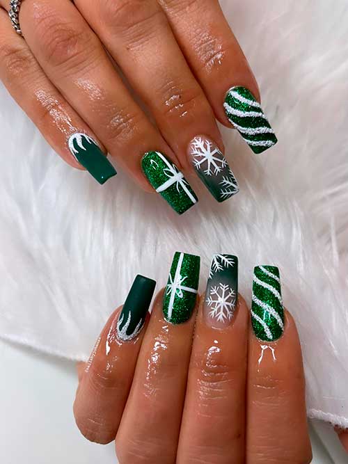 Dark Green with White Christmas Nails Dark Green with White Christmas Nails with White Candy Cane, Snowflakes, and Gift Ribbon Accent Nails