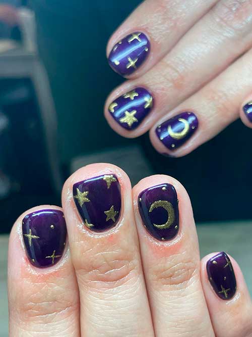 Dark Purple Celestial Nails Short Dark Purple Celestial Nails That Can Be Considered As Halloween Witch Nails