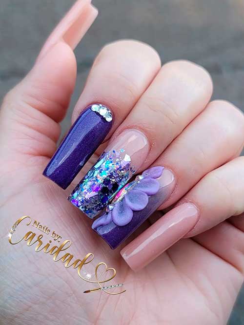 Long Square Dark Purple and Nude Nails with Glitter, Rhinestones, and 3D Flower on an Ombre Accent Nail